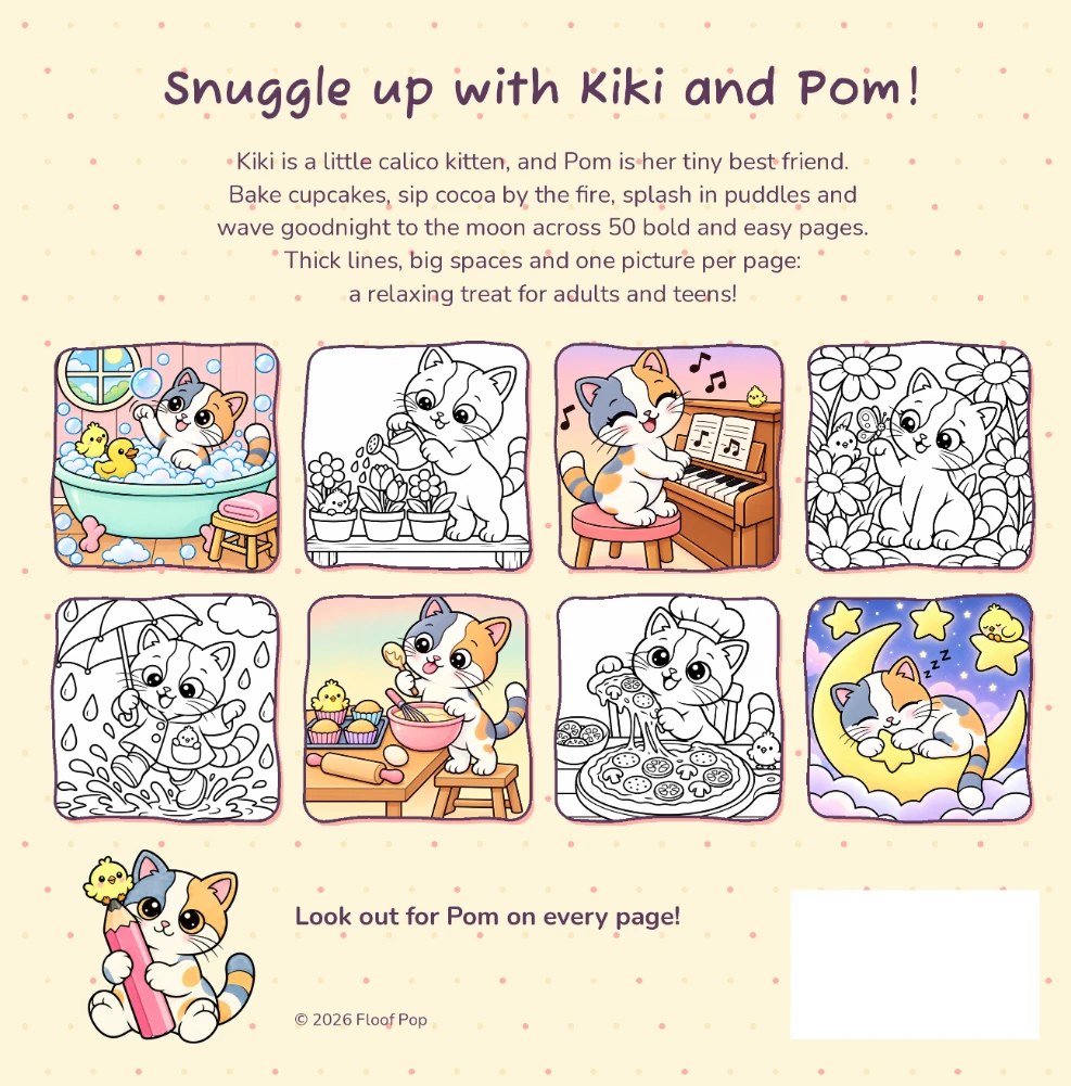 Back cover of Kiki's Big World with eight sample pages, some colored and some line art