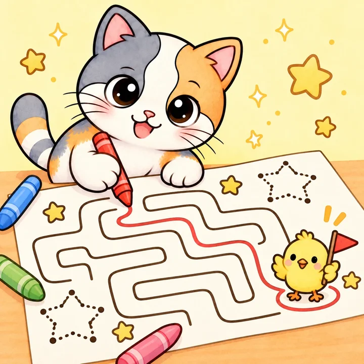 Kiki solving a maze with a crayon while Pom waits at the finish flag