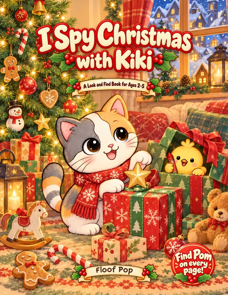 Cover of I Spy Christmas with Kiki: Kiki in a red scarf by the Christmas tree, Pom peeking out of a present with a red crayon