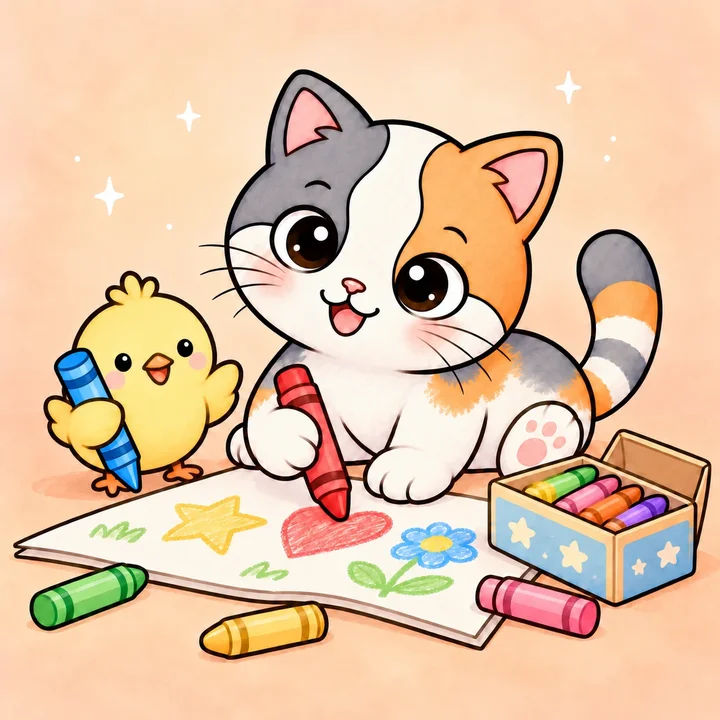 Kiki coloring with crayons while Pom holds a blue crayon