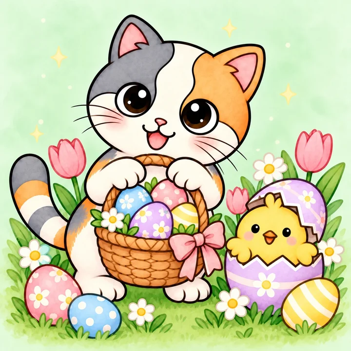 Kiki with a basket of Easter eggs