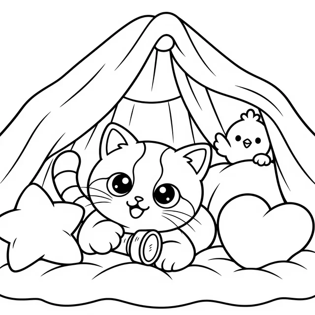 Free coloring page: Kiki with a flashlight inside a blanket fort, Pom waving from the gap