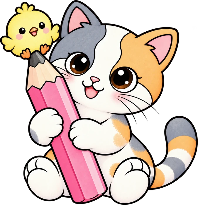 Kiki hugging a big pink pencil with Pom on the tip