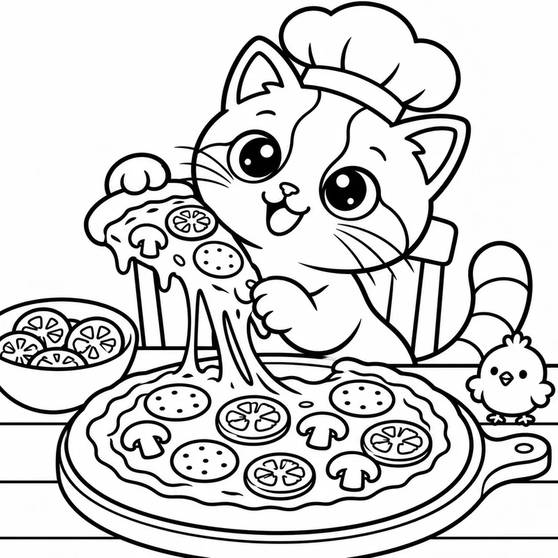 Coloring page: Kiki the chef with a cheesy pizza and Pom watching