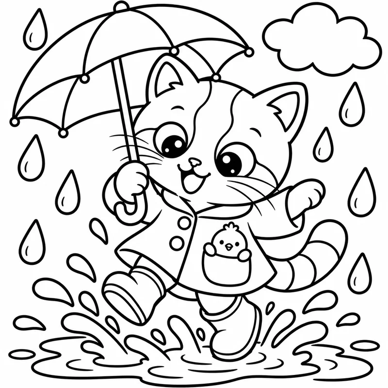 Coloring page: Kiki in a raincoat splashing in puddles with Pom in her pocket