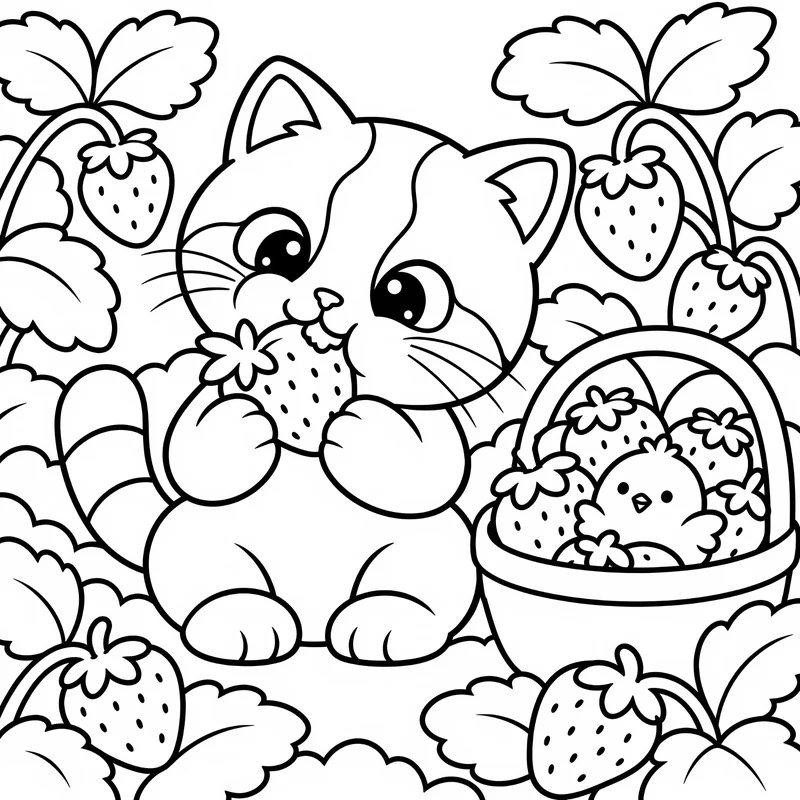 Coloring page: Kiki eating a strawberry while Pom hides in the basket