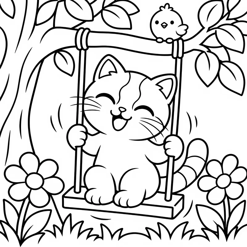 Coloring page: Kiki laughing on a tree swing with Pom on the branch