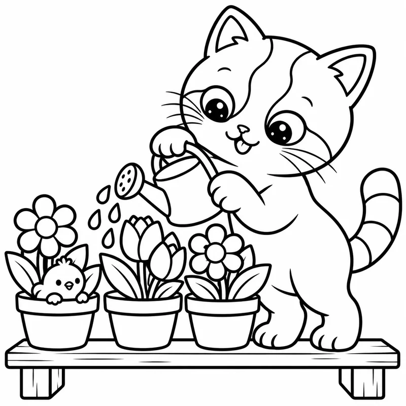 Coloring page: Kiki watering flower pots while Pom peeks out of one