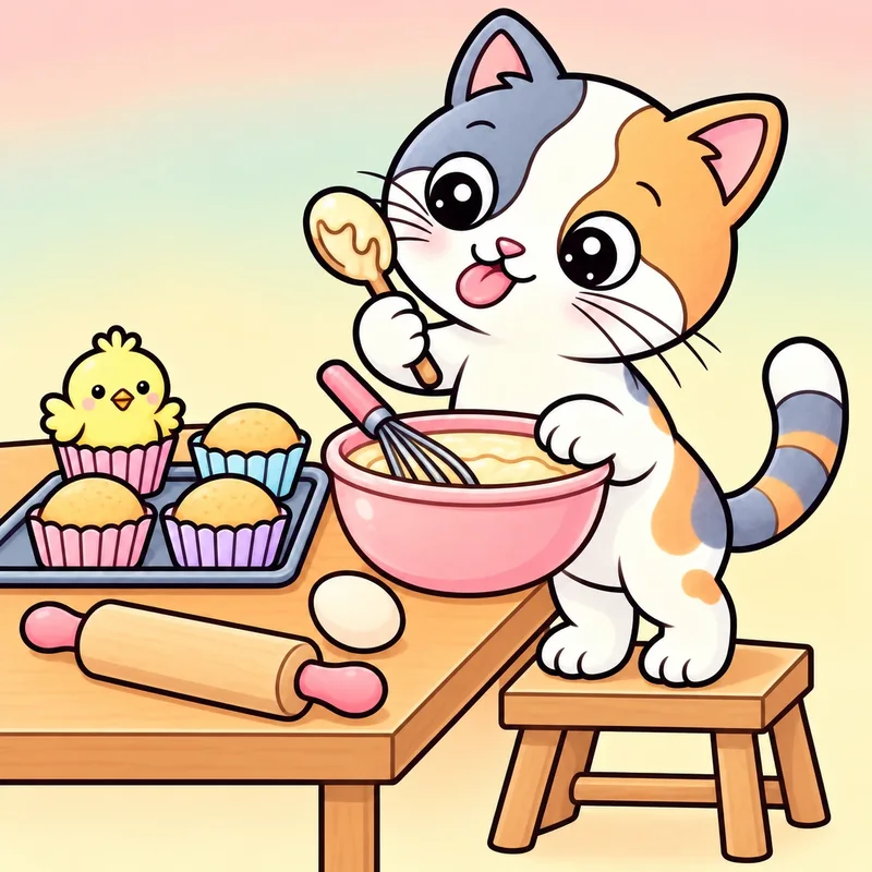 Coloring page: Kiki licking the spoon while Pom sits in a cupcake case, colored