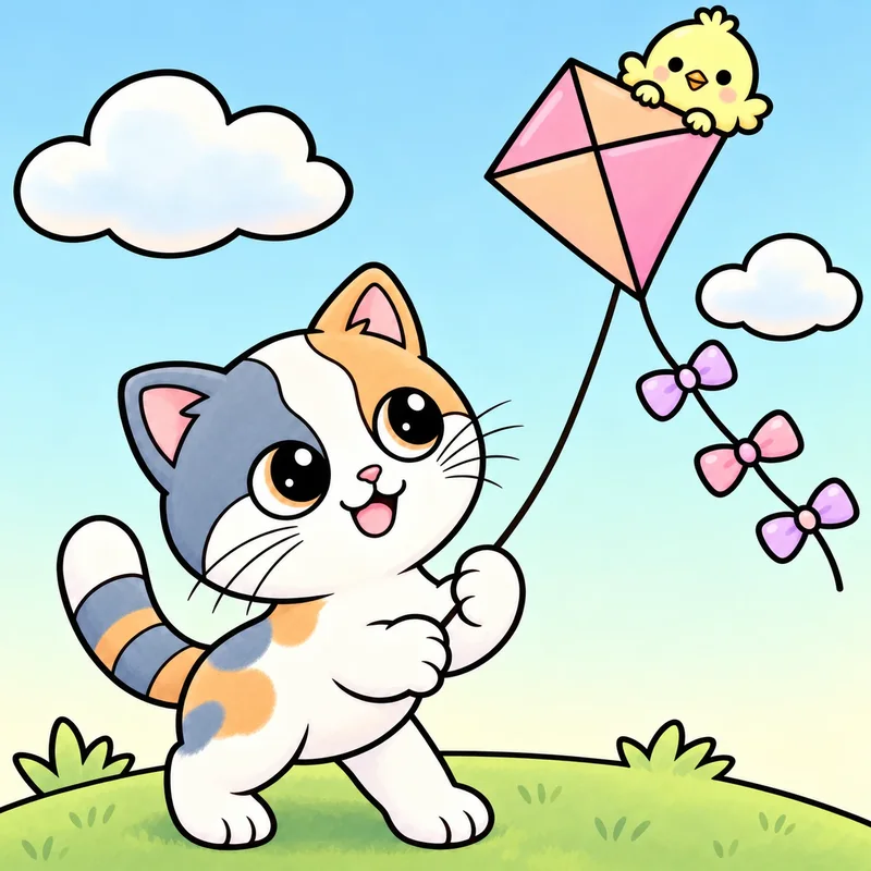 Kiki flying a kite with Pom riding on top